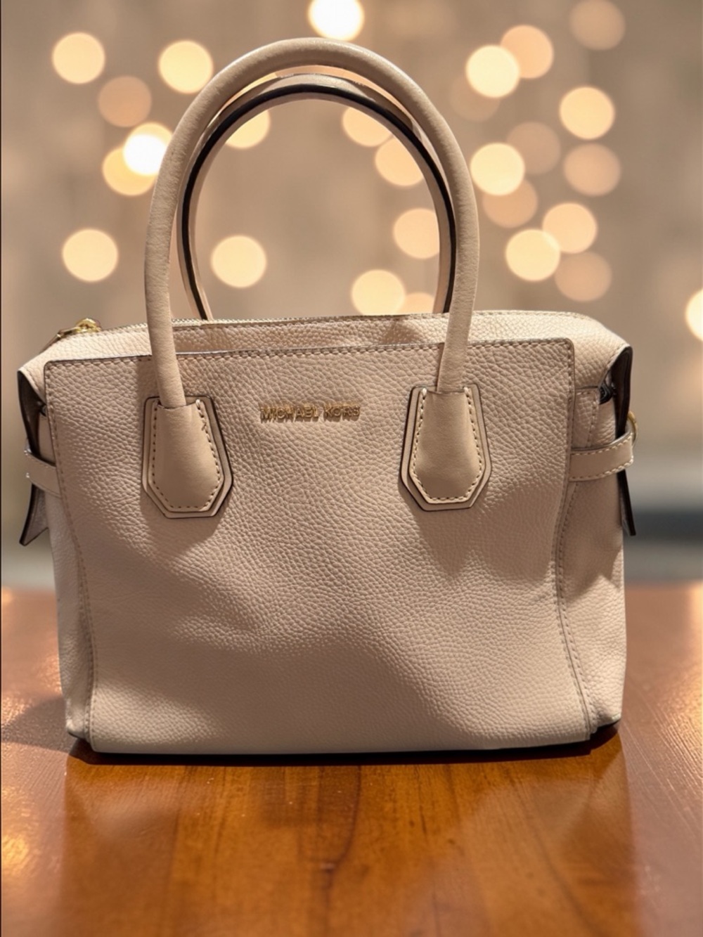 Michael Kors Pebbled Cream Satchel with Gold Logo